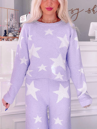 Lilac Cuddle in the Clouds pants set; soft, cozy lilac sweater and pants with white star pattern.
