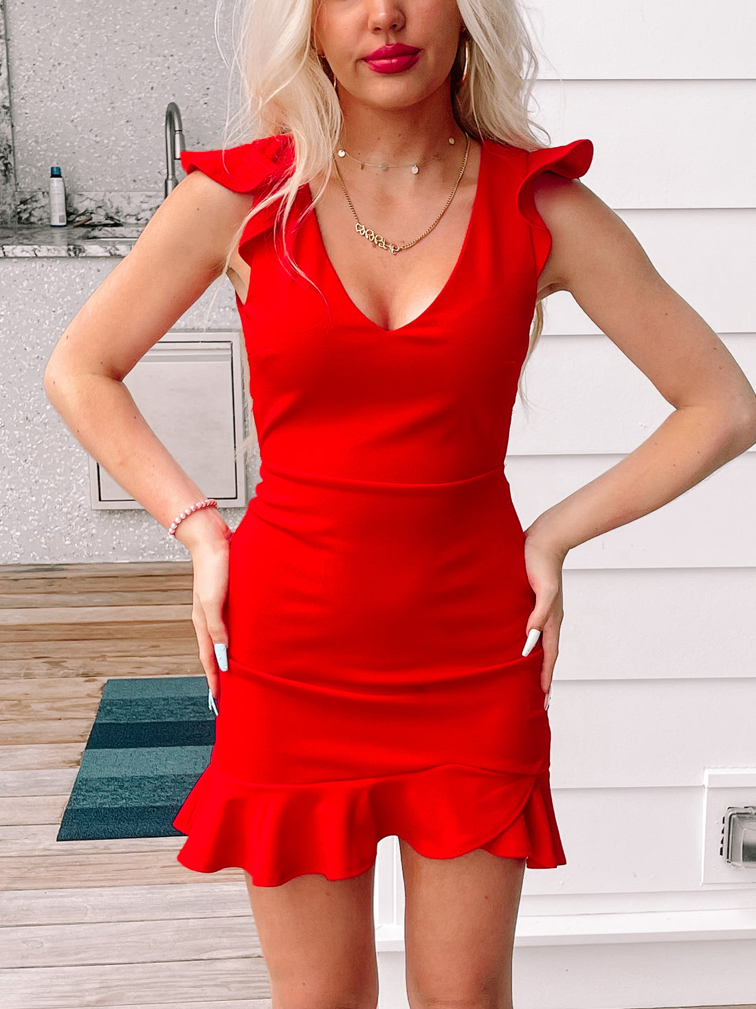 Firework Red ruffle mini dress, V-neck, sleeveless
