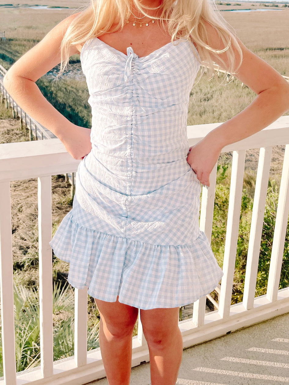 Sweet Talker blue gingham mini dress with ruffle hem
