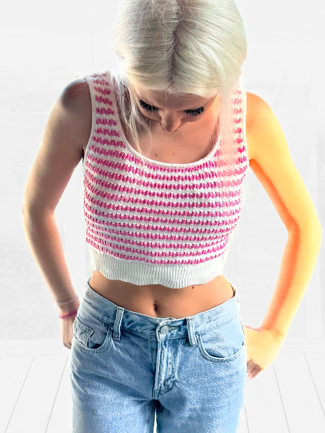 Sophia Scallop Top: Pink and white striped knit crop top.
