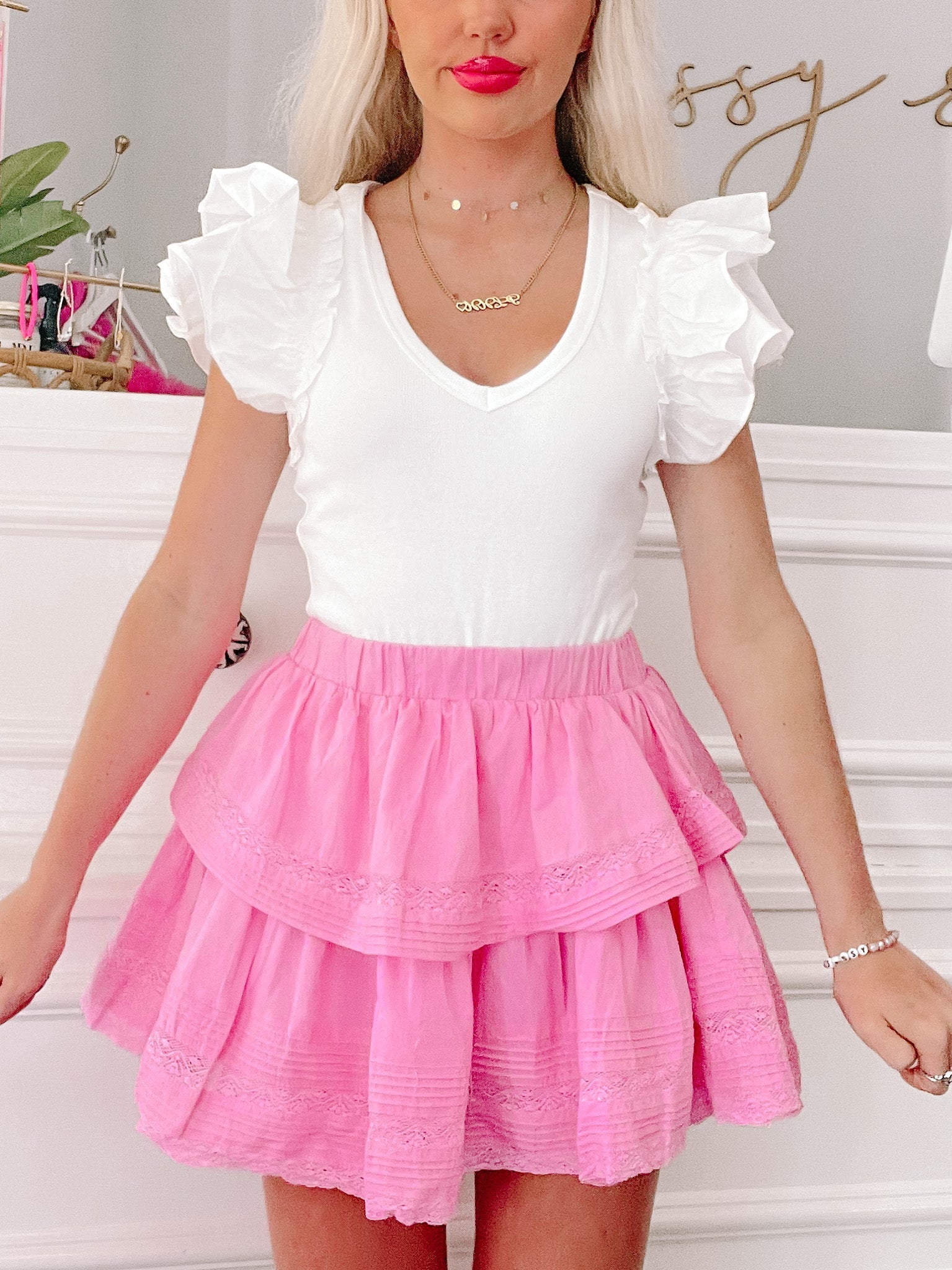 Story of Us Lace Pink Ruffle Skirt | Sassy Shortcake Boutique | sassyshortcake.com
