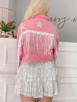 Pink Stars from the South sequin jacket with silver fringe
