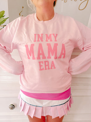 Pink Mama Era crewneck sweatshirt with bold pink lettering.