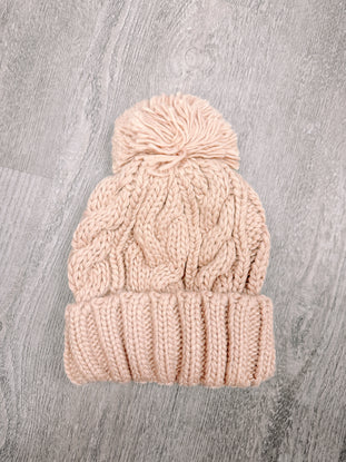 PFS Beanie #2: Blush pink cable knit beanie with pompom, warm winter hat.
