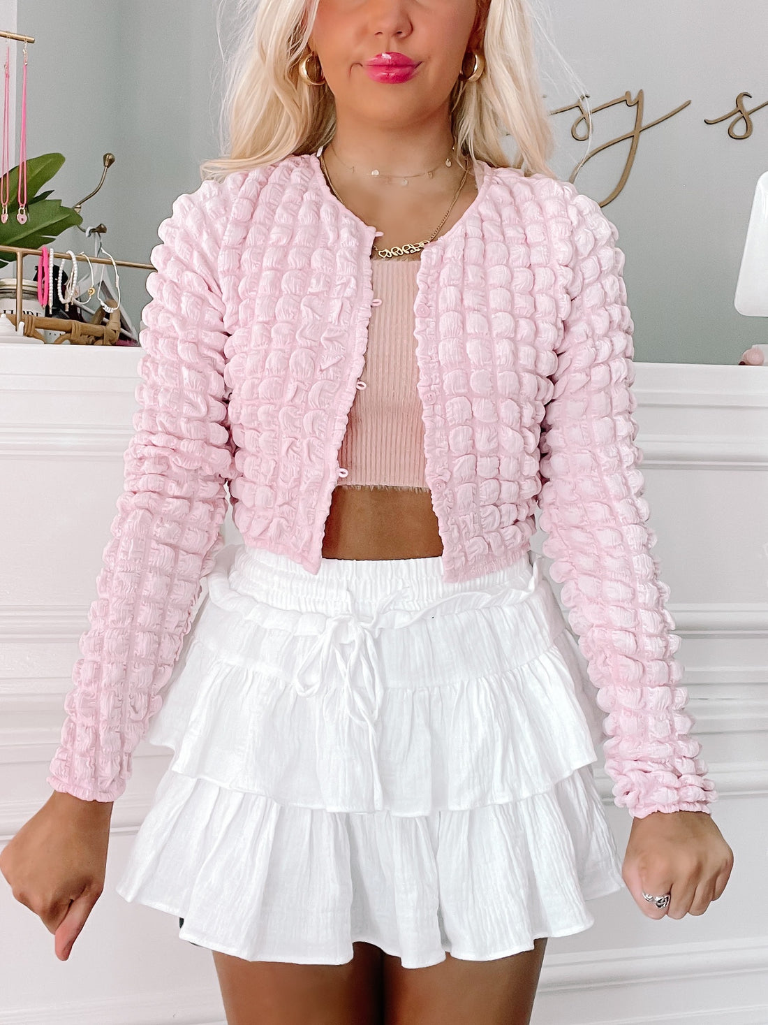 Puff and Blush textured pink cardigan, button front, cropped length
