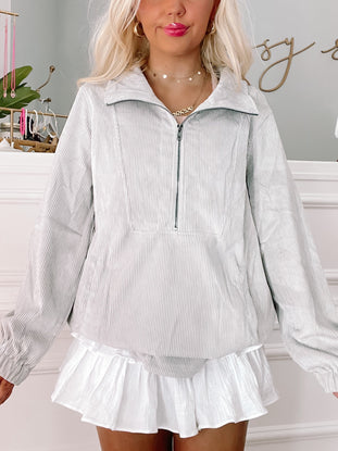Grey corduroy zip-up jacket, ribbed texture, casual style

