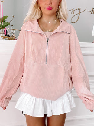 Pink corduroy Cute in Corduroy Jacket, half-zip, long sleeves
