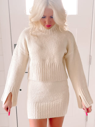 Cozy Cream Knit Sweater and Skirt Set

