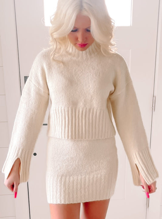 Cozy Cream Knit Sweater and Skirt Set
