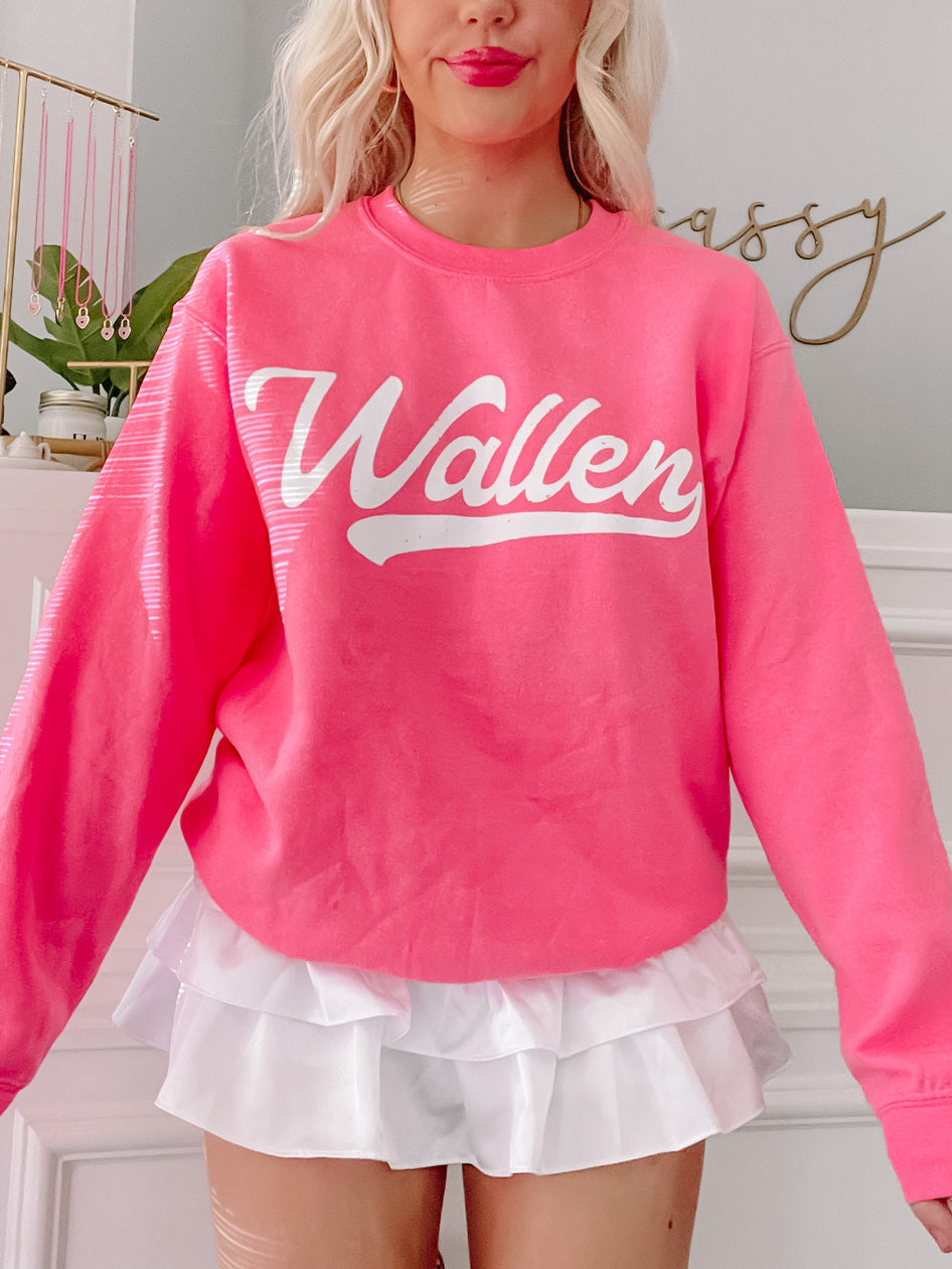 Hot pink Wallen crewneck sweatshirt with white lettering
