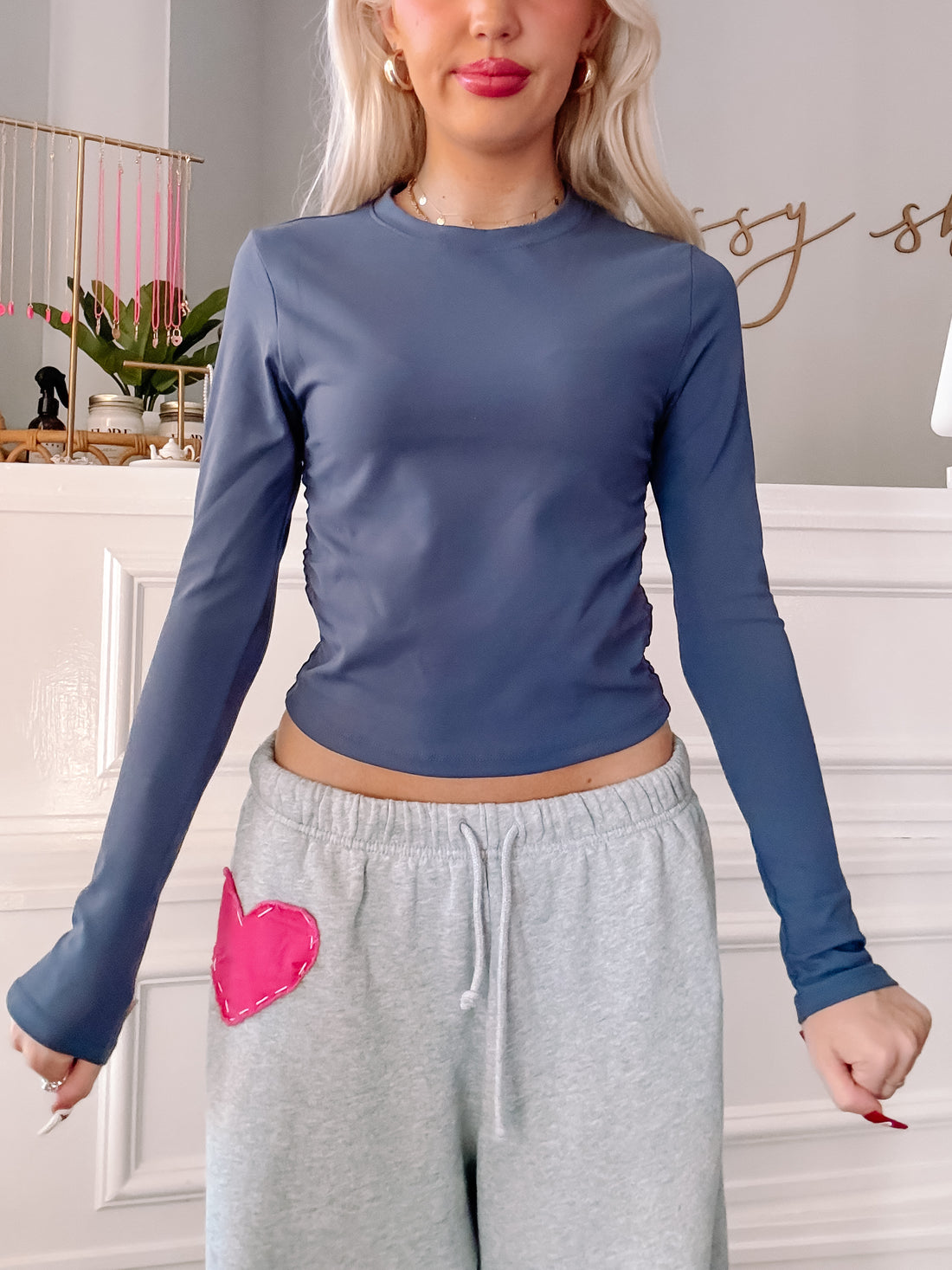 Navy blue fitted long-sleeve top
