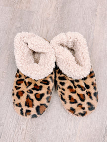 PFS Booties #1: Cozy leopard print slippers with fluffy cream lining for ultimate comfort.

