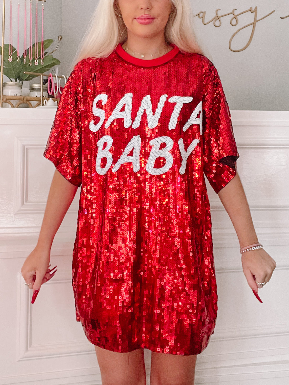 Red sequin Santa Baby dress for the holidays | Sassy Shortcake
