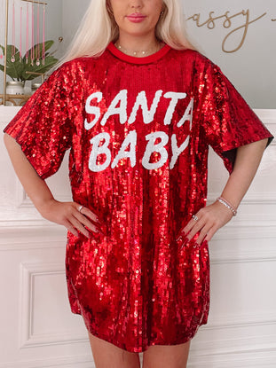 Red sequin mini dress with "Santa Baby" lettering; festive holiday apparel.
