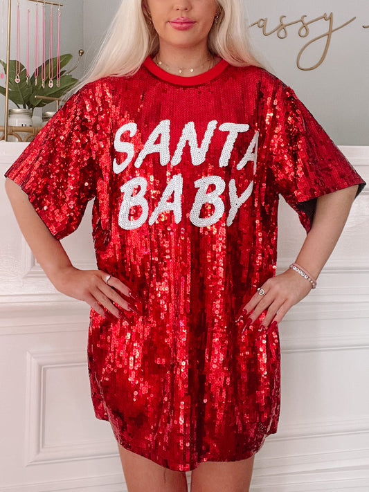 Red sequin mini dress with "Santa Baby" lettering; festive holiday apparel | Sassy Shortcake