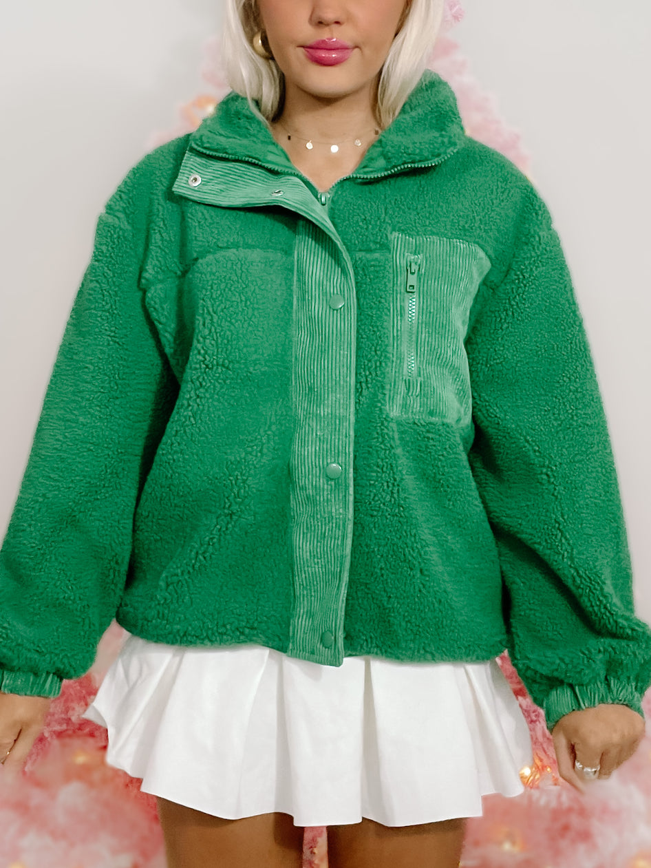 Green Fraser Fir sherpa jacket with corduroy details
