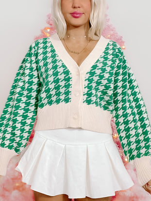 Ellison Green Houndstooth Cardigan: Cropped green and cream houndstooth knit cardigan with button front.
