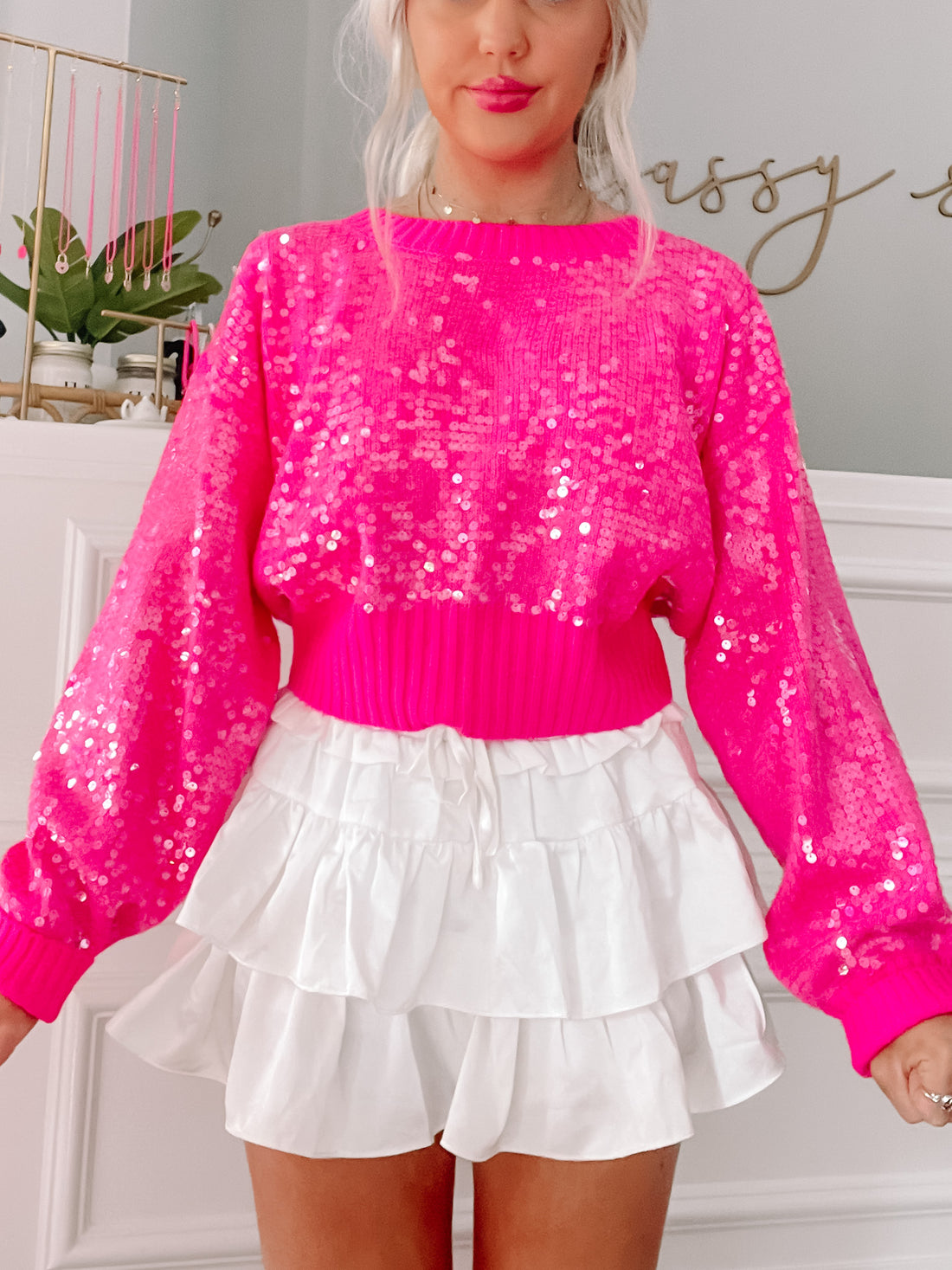 Hot pink Swear By Sequins cropped sweater with long sleeves and sequin details.
