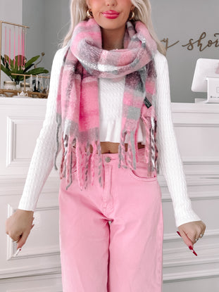 PFS Scarf #1: Pink & gray plaid fringe scarf
