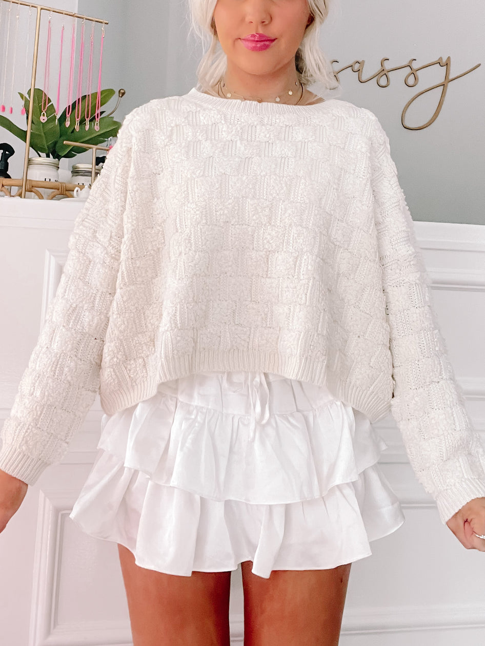 Cream textured knit Winter Weave sweater, oversized fit
