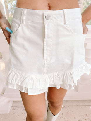 White denim Deb ruffle mini skirt
