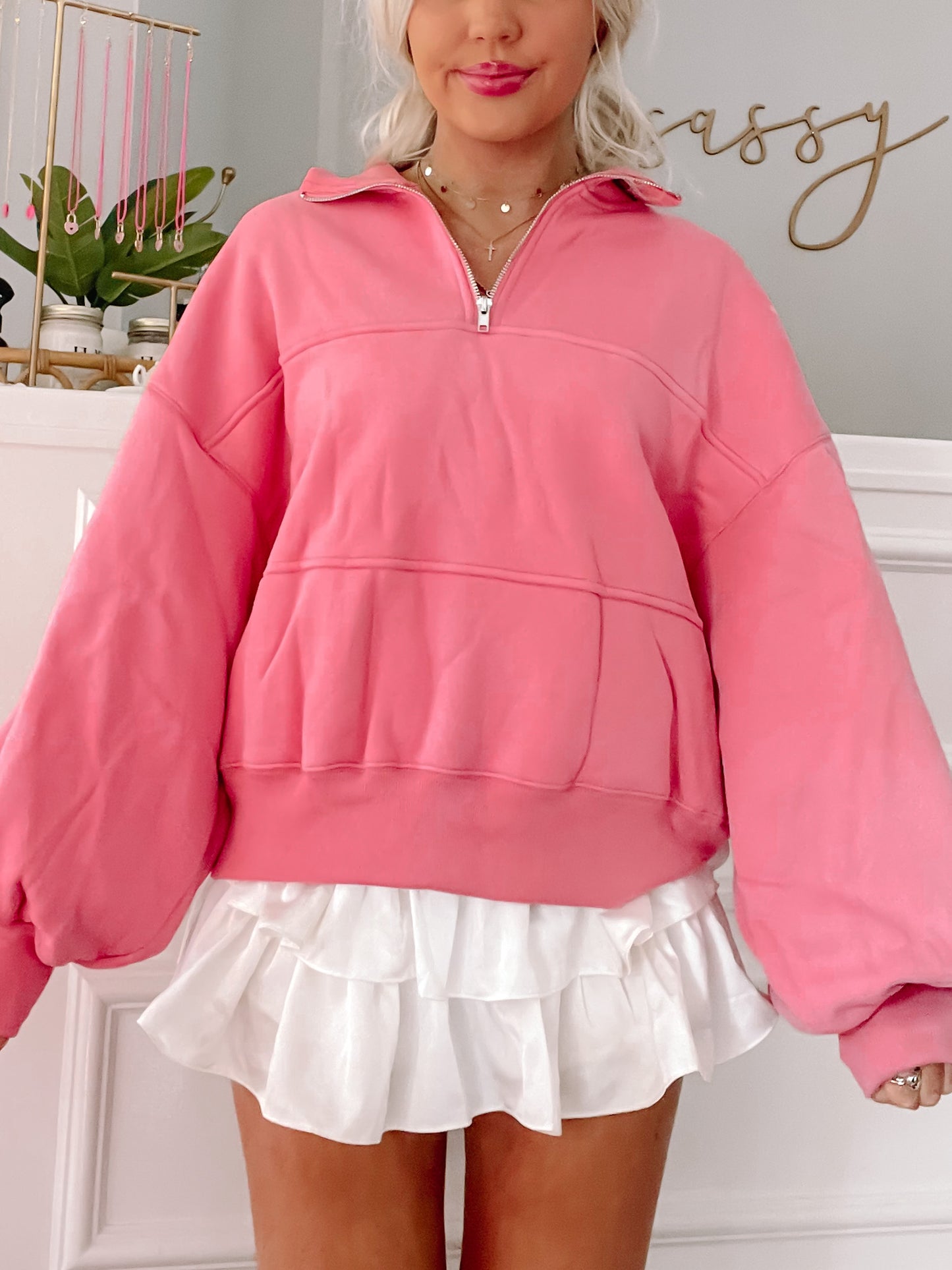 Pink Brynn Half-Zip Top: Oversized, soft cotton blend.
