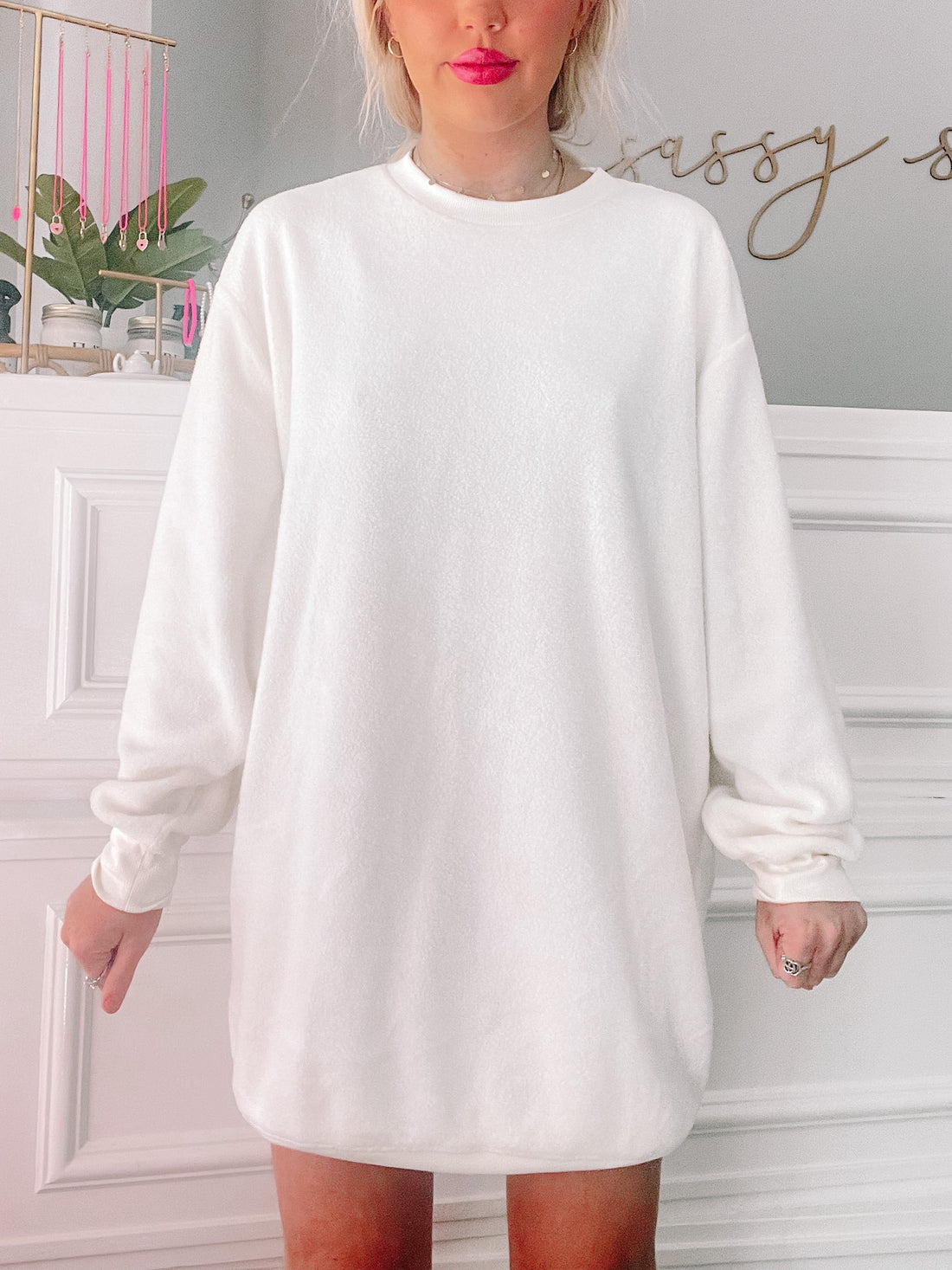 White Fleece Flock the Fleece Dress: Oversized, soft, comfy.
