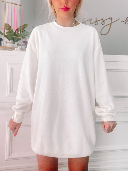 White Fleece Flock the Fleece Dress: Oversized, soft, comfy.
