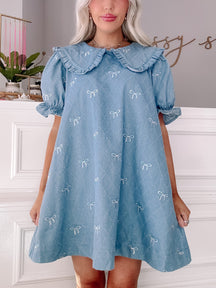 Light blue denim dress with white embroidered bows, Peter Pan collar, and short puff sleeves.
