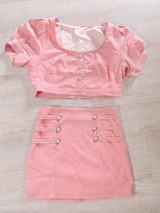 Pink crop top and skirt set with pearl buttons, BFS Set #1
