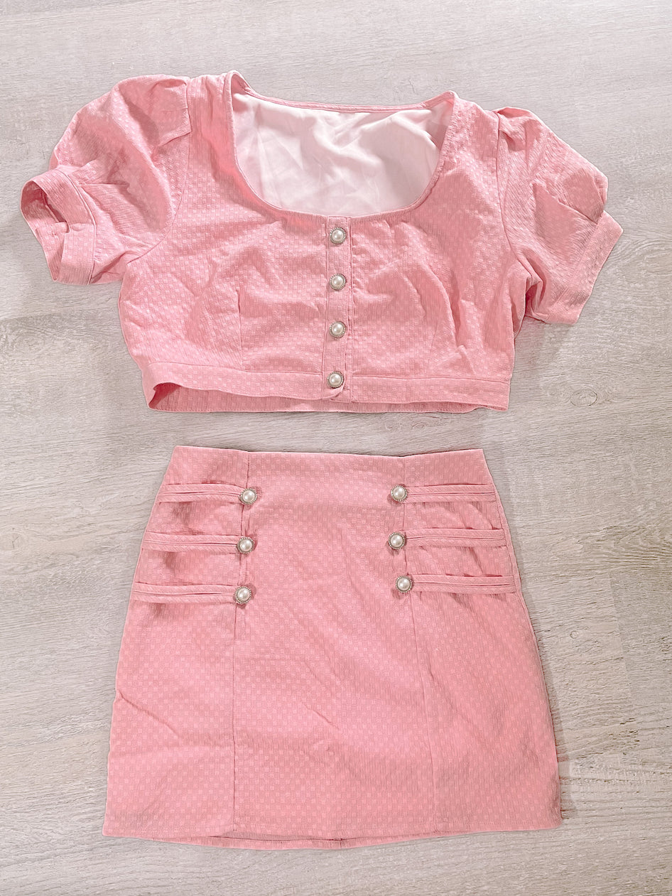 Pink crop top and skirt set with pearl buttons, BFS Set #1
