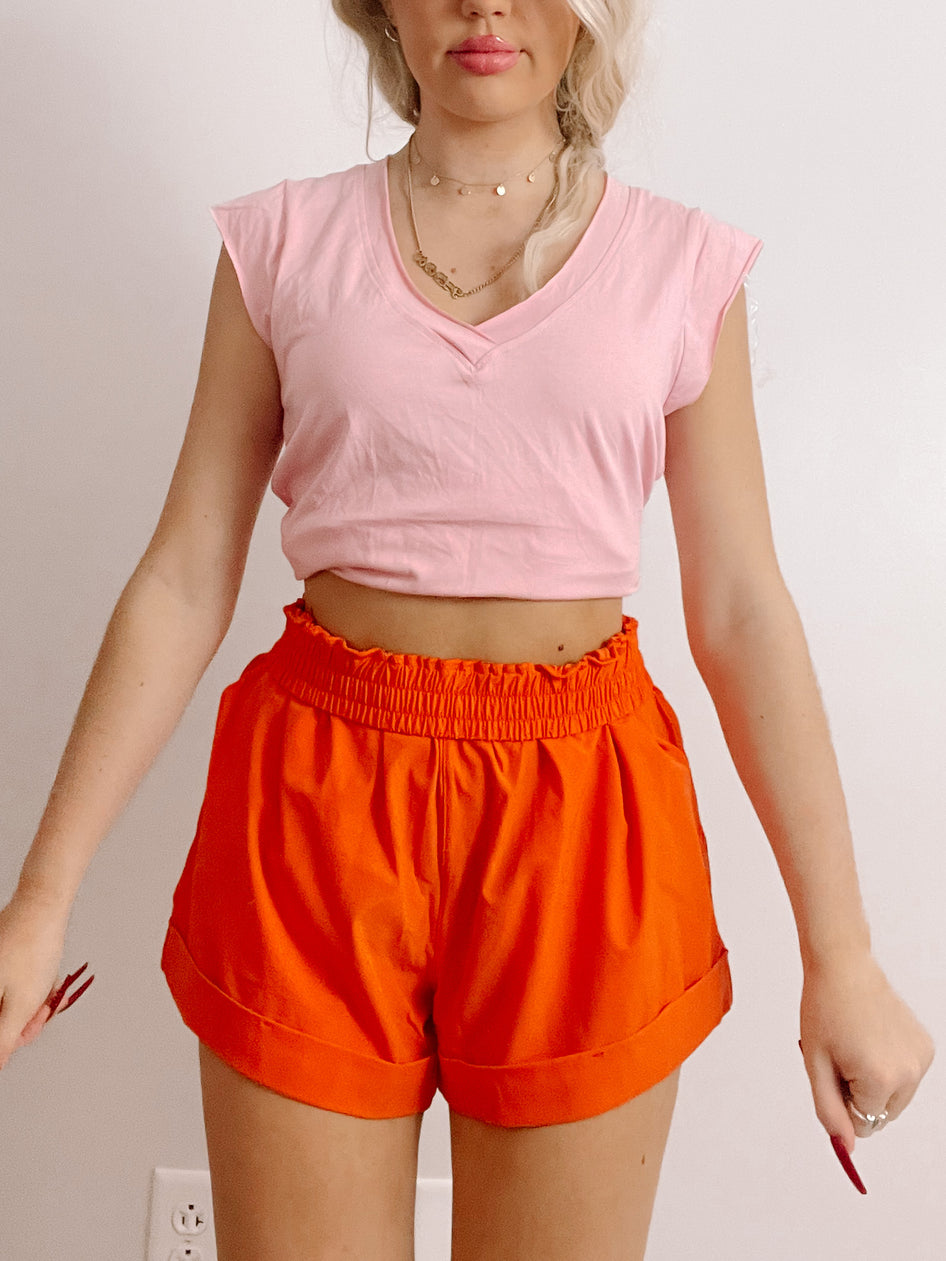 WHS #18 bright orange shorts, cuffed hem, elastic waistband
