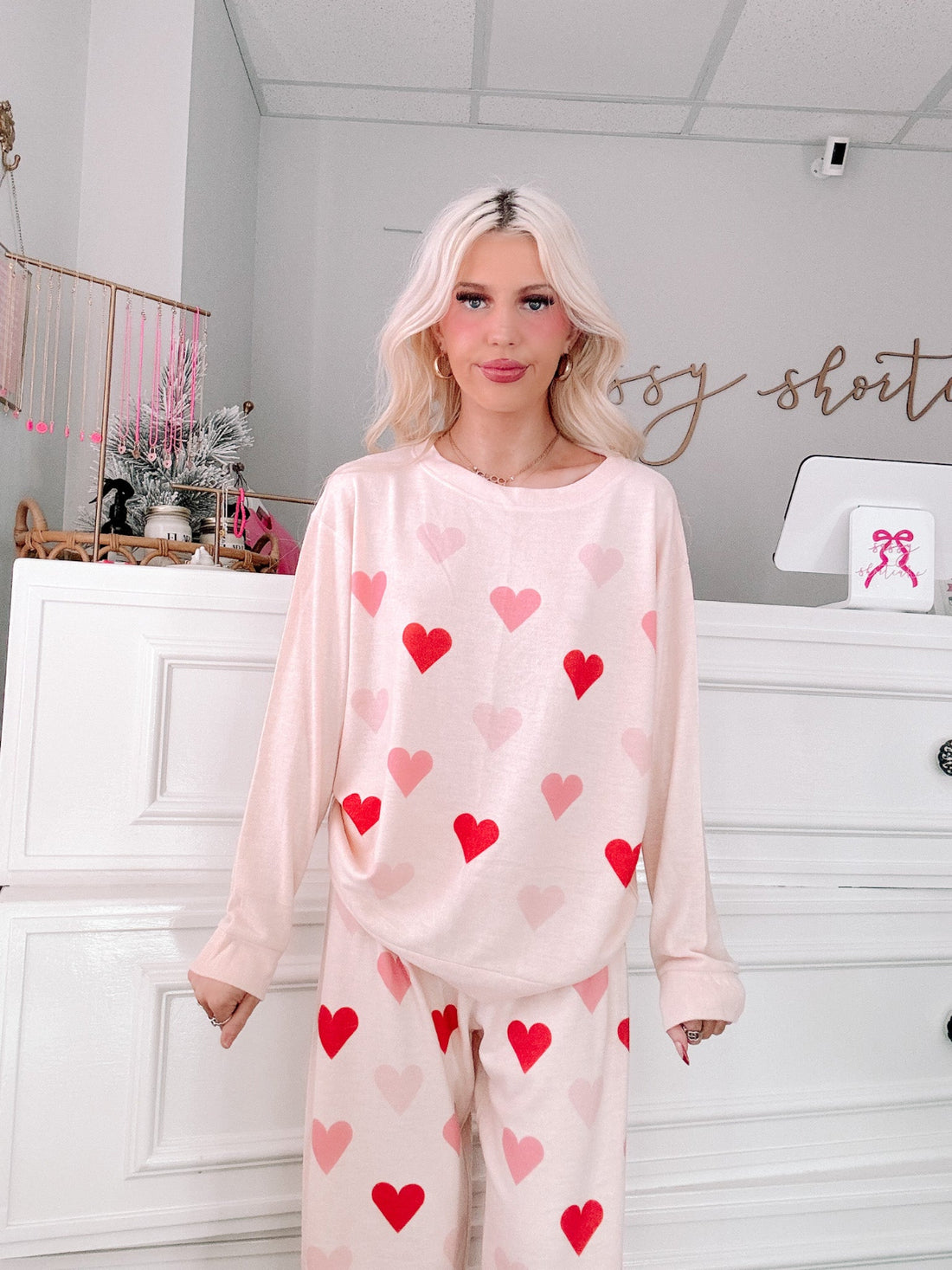 Hearts All Over PJ Set Sassy Shortcake – full body photo of matching heart pajamas with oversized long sleeve top