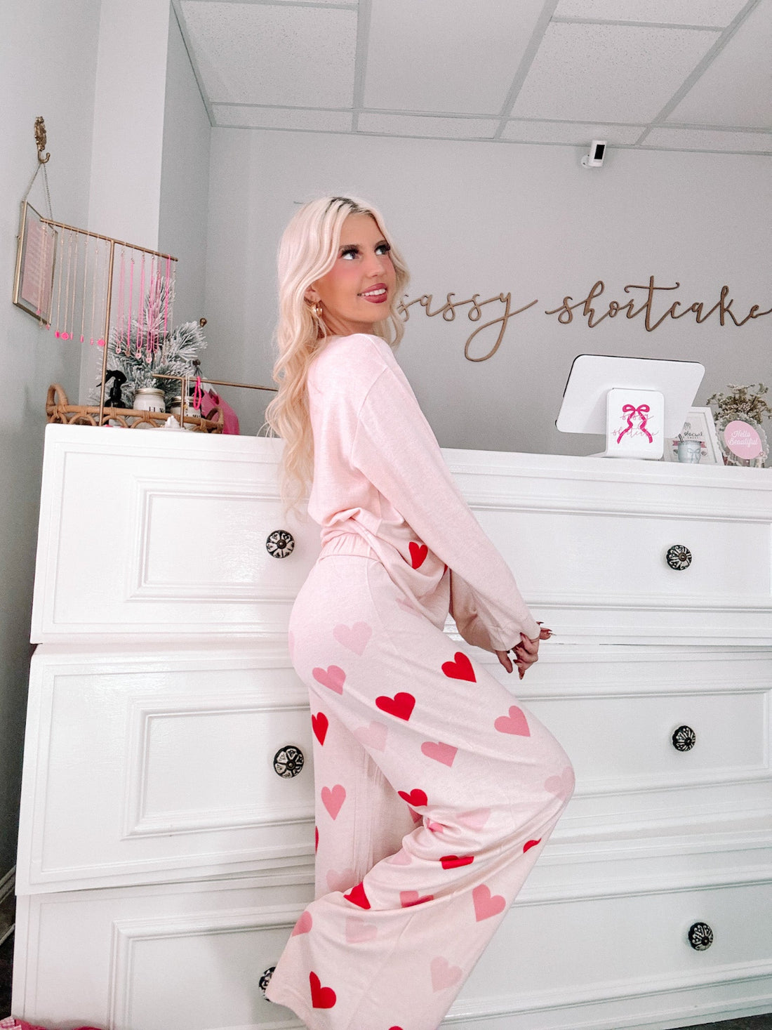 Hearts All Over PJ Set by Sassy Shortcake – side view of heart print lounge set showing relaxed fit and matching pants