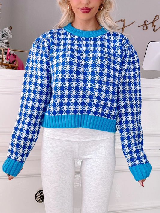Millie Sweater | Blue - Sassy Shortcake - blue and white check knit sweater close-up front detail