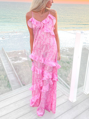Pink Petal & Bow tiered ruffle maxi dress
