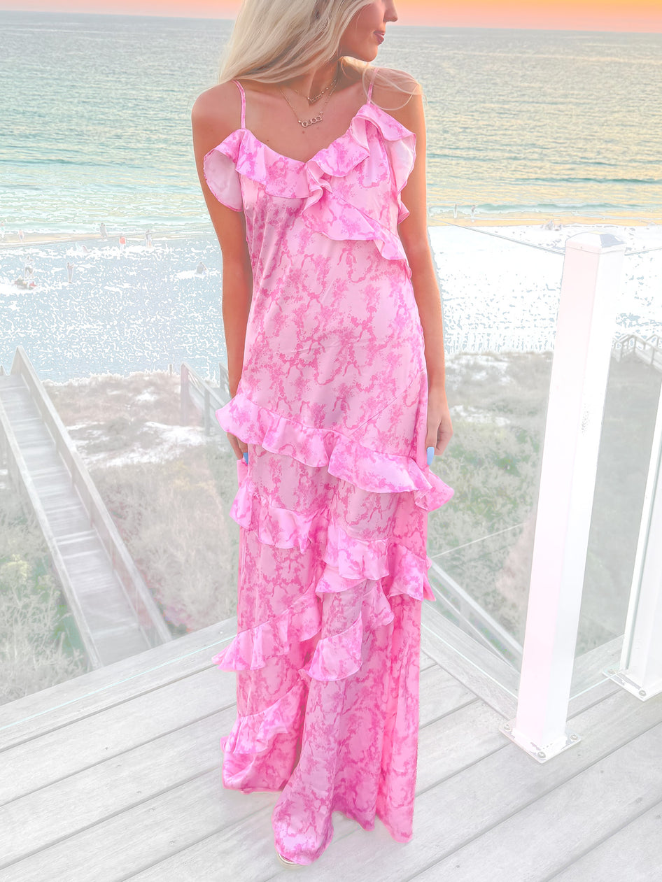 Pink Petal & Bow tiered ruffle maxi dress
