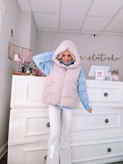 Powder Peaks Vest - Sassy Shortcake - full outfit view of hooded puffer vest winter layering look