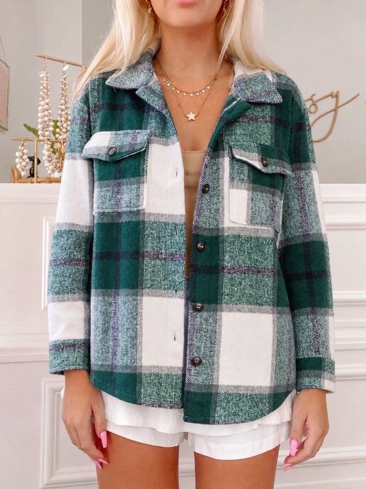 Finley Shacket: Green & white plaid oversized flannel shirt jacket from Sassy Shortcake