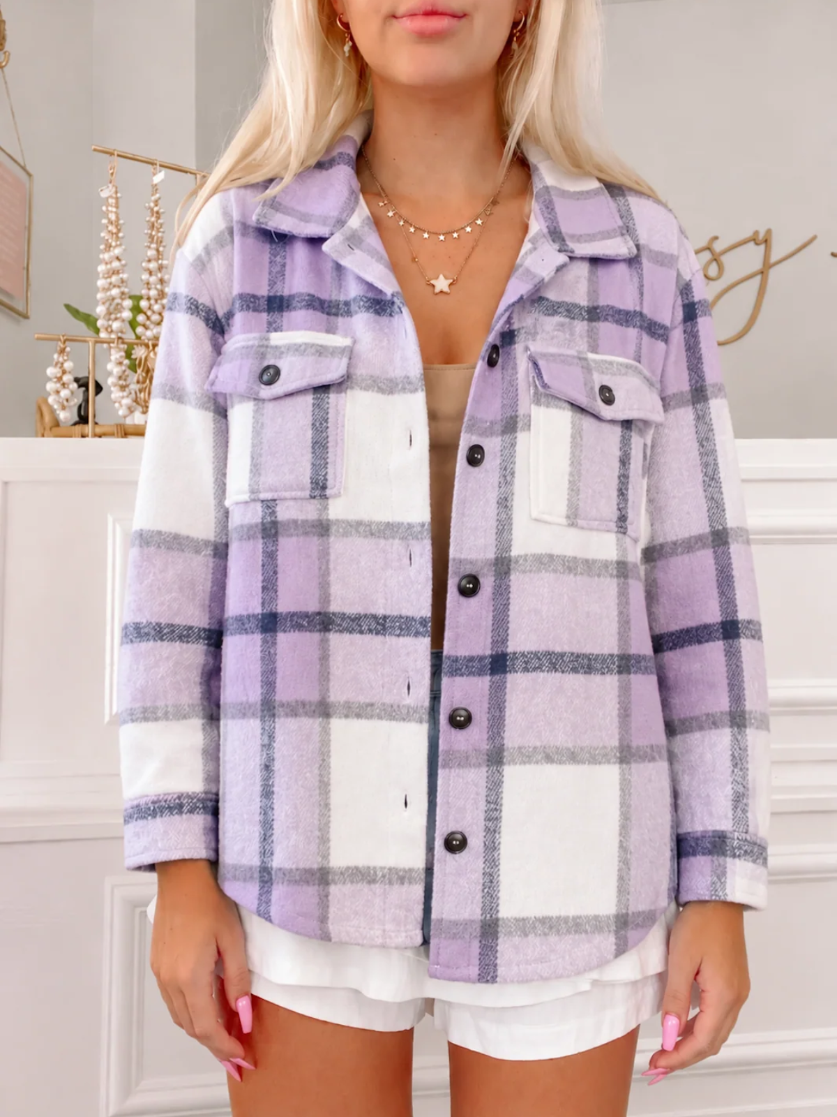 Lavender and white plaid Harper Shacket; oversized fit from Sassy Shortcake