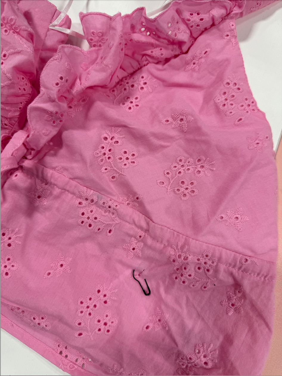 Pink eyelet fabric detail showcasing delicate floral embroidery.
