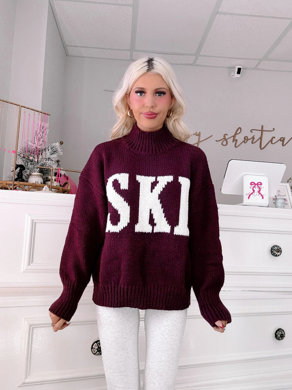 Après Ski Sweater - Sassy Shortcake - burgundy SKI sweater front view relaxed fit on mode