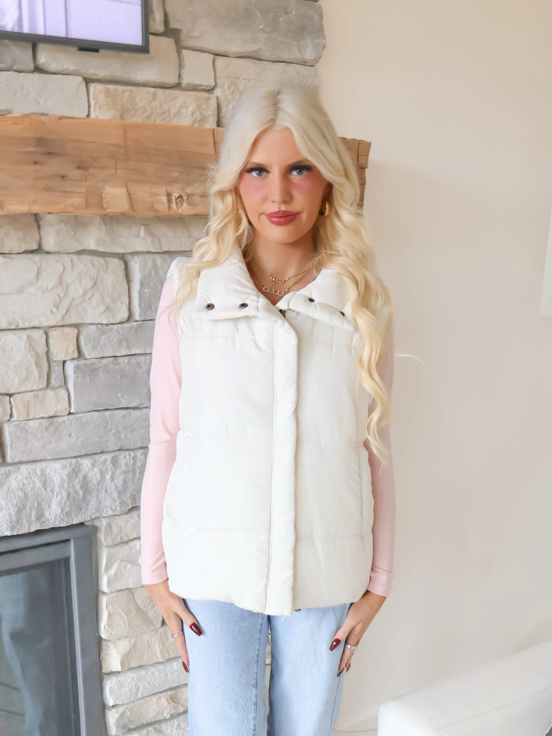 Summit View Vest | Cream - Sassy Shortcake - cream puffer vest front view styled with long sleeve top