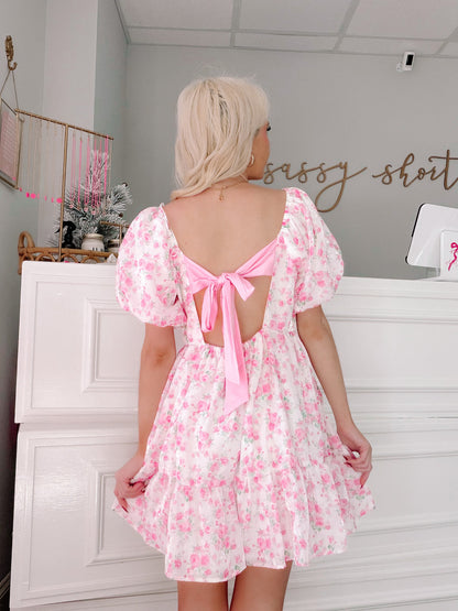 Sweet as Sunday Dress bow tie back pink floral dress by Sassy Shortcake