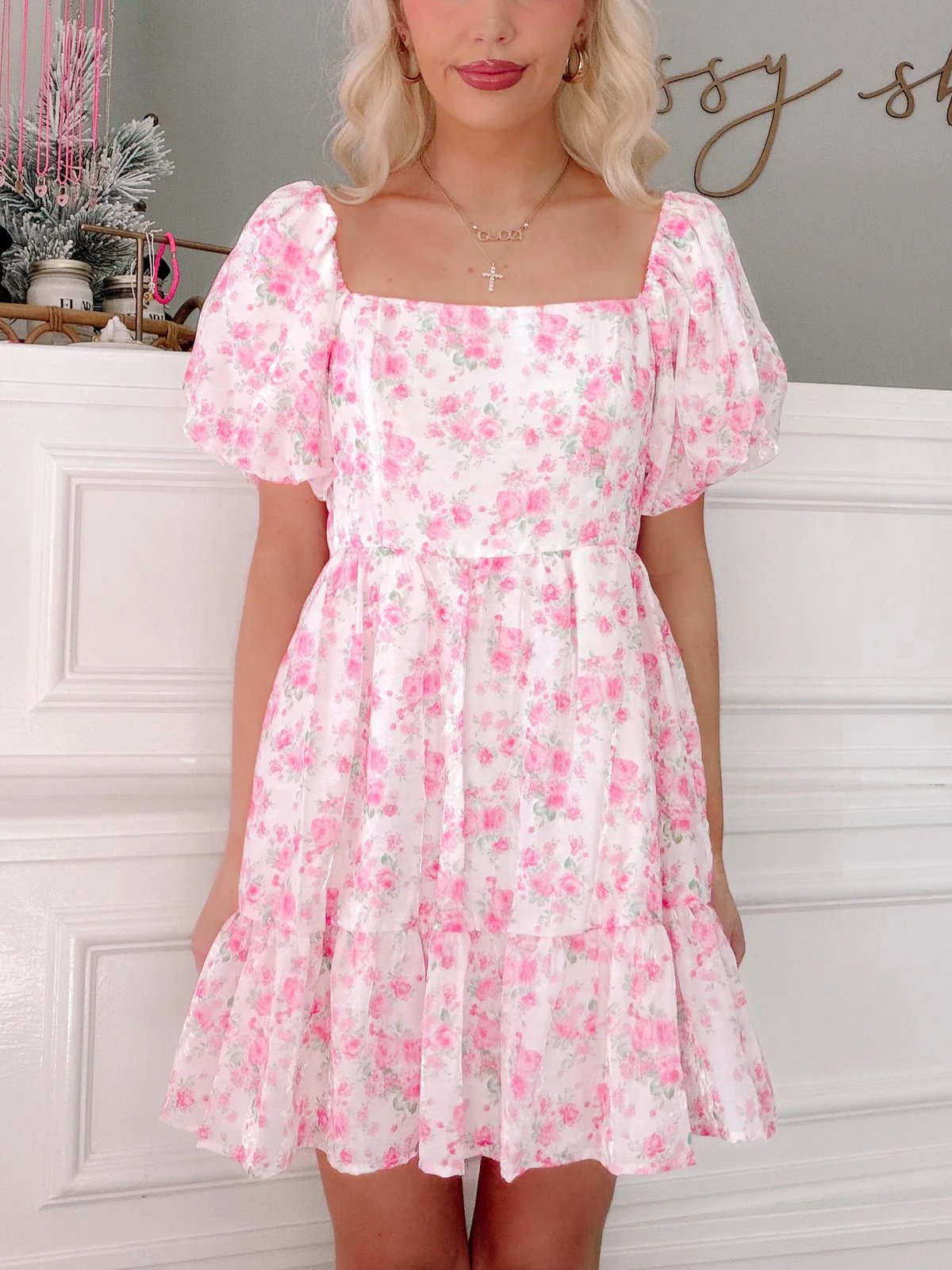 Sweet as Sunday Dress pink floral mini dress front view by Sassy Shortcake