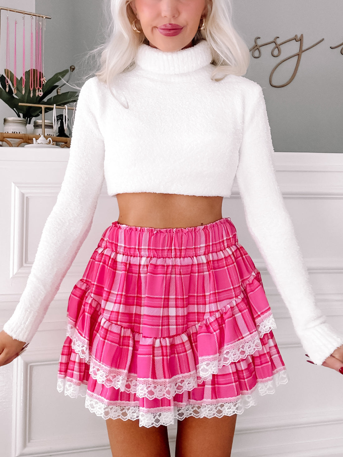 Pink Tinsel Tartan Skirt with layered lace trim.
