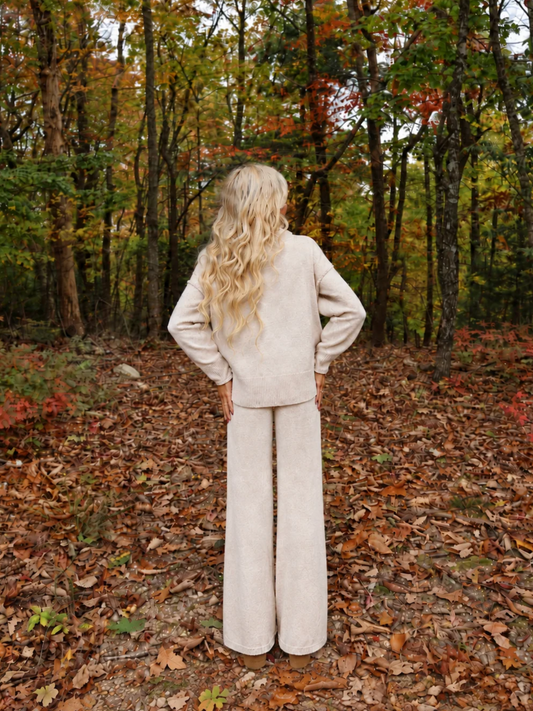 Back view of the Toasted Almond Knit Set by Sassy Shortcake showing the mock neck, dropped shoulders, and exposed seam details on the oatmeal knit sweater.
