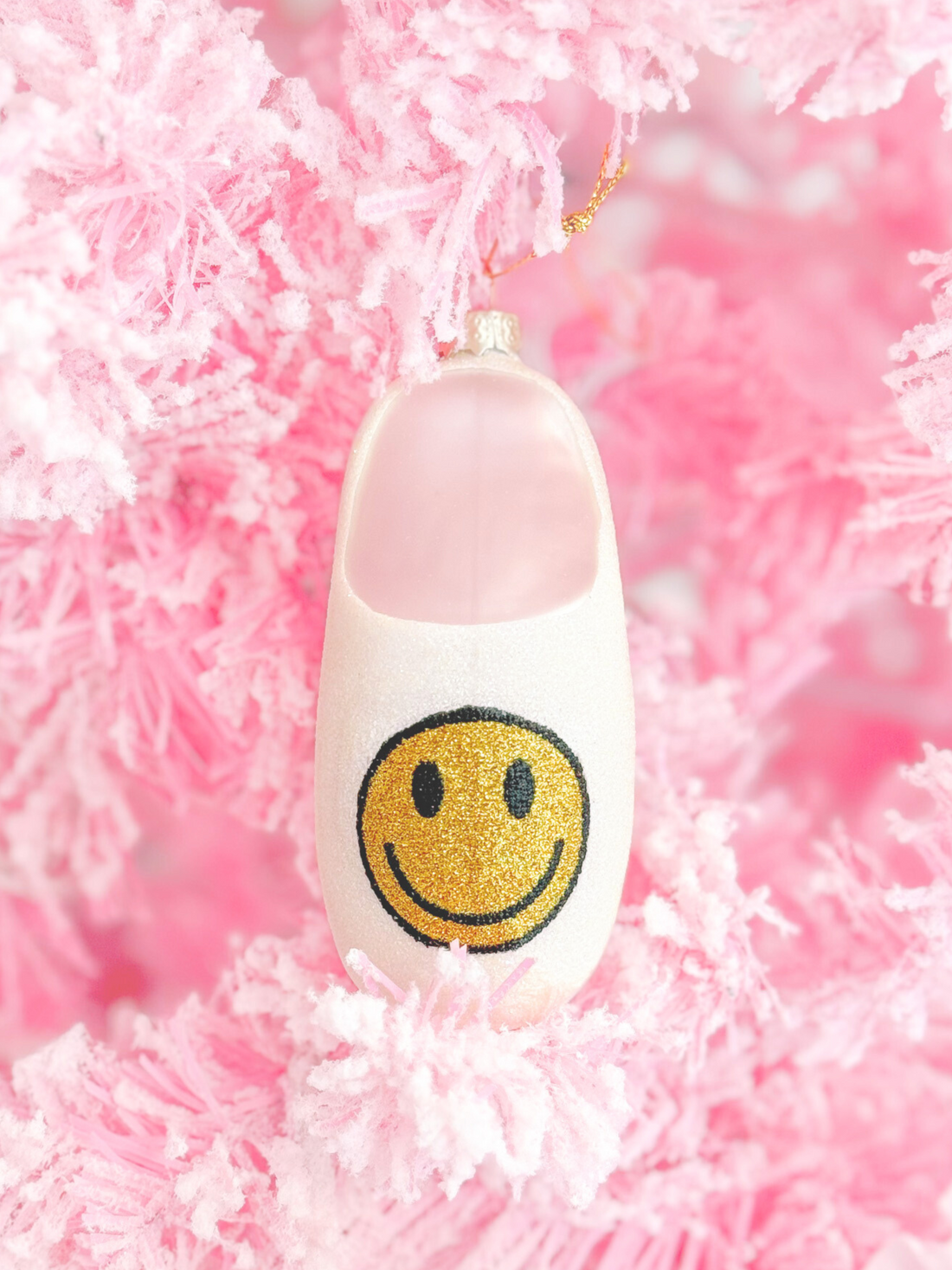 Smiley Slipper Ornament, yellow glitter smiley face, pink & white, Christmas tree decoration | Sassy Shortcake
