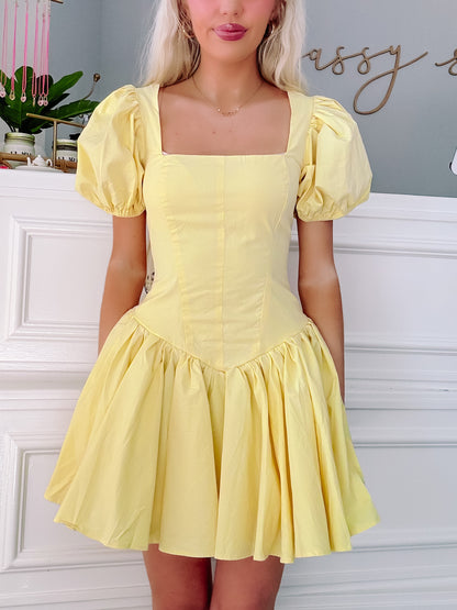 Yellow Adorabelle puff-sleeve mini dress with square neckline from Sassy Shortcake
