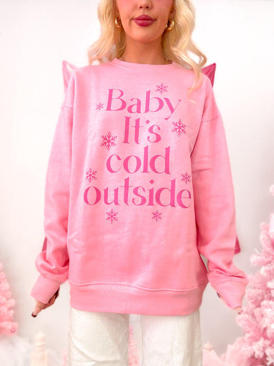 Sassy Shortcake Cold Outside Crewneck in winter pink, featuring a soft fleece lining and hot pink snowflake graphic on the front.